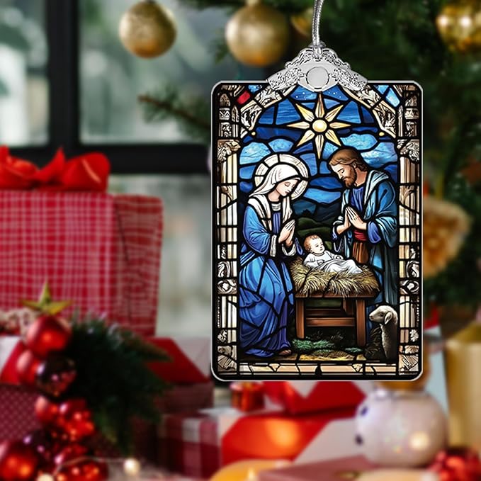 Nativity Scene Stained Glass Ornament, 2025 Christmas Tree Hanging Decoration for Gift Exchange or Religious Holiday Display, 3.8 x 2.4 Inch