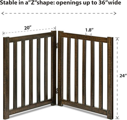 LZRS 2-Panel Wooden Free Standing Foldable Dog Gate – Solid Hardwood 24" High, Step-Over Safety Pet Gate for Doorways, Stairs & Small Spaces - Indoor Use, Walnut