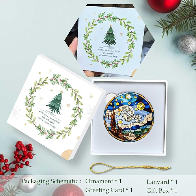 Starry Night Ornament Round Ceramic Stained Glass Style Ornament Xmas Keepsake for Christmas Tree Winter Holiday Xmas Gift for Women Men Xmas Hanging Ornament 3"