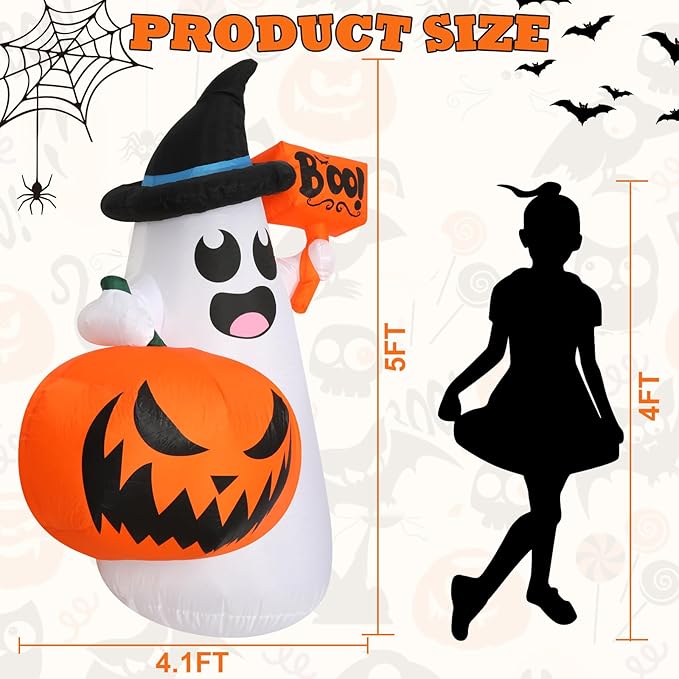 Inflatable Halloween Blow Ups, 5FT Outdoor Ghost Pumpkin Halloween Inflatables, Blow Up Yard Decoration with LED Lights, Halloween Decor for Home,Holiday,Party,Garden