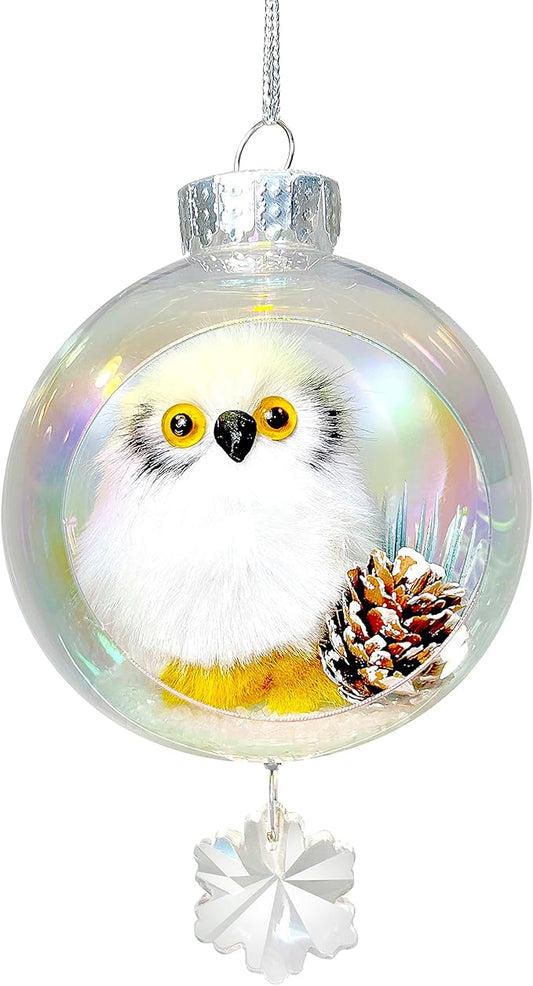 White Owl Christmas Ornament - Handmade Shatterproof Decorations for Indoor Outdoor Xmas Tree - Clear Ball Ornaments with Magnetic Crystal - Great Gift or Stocking Stuffer for Mom, Sister, Friend