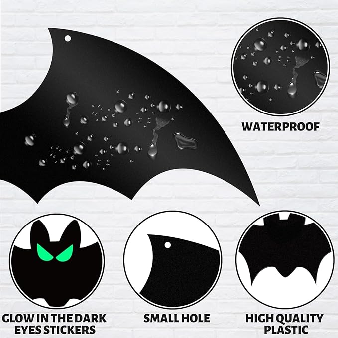 13 PCS Hanging Bats Halloween Decoration Outdoor Black Plastic Bats with Glowing Eyes Different Size Flying Bats Halloween Decor Hanging in The Tree, Porch, Yard, Lawn, Indoor