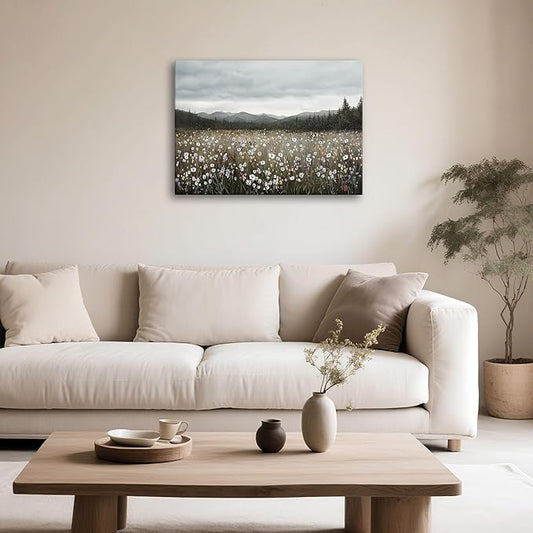 HGUAOA Vintage Framed Floral Landscape Wall Art for Living Room - Large Nature Artwork Above Bed Wall Decor - Farmhouse Mountain Pictures for Bedroom Wall Decor