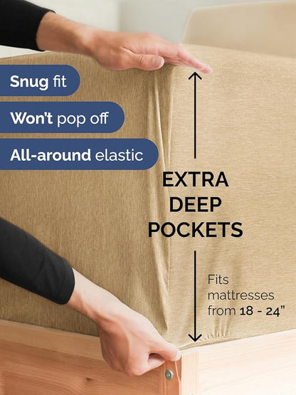 Extra Deep Cal King Sheet Set - 6 Piece Breathable & Cooling Sheets - Hotel Luxury Bed Sheets Set - Easy Fit - Soft, Wrinkle Free & Comfy Sheets Set - Heathered Tan Sheet Set with Extra Deep Pockets