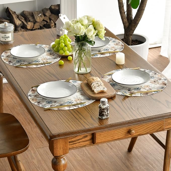 Artoid Mode Brown Poppy Floral Leaves Round Placemats Set of 4,15 Inch Seasonal Summer Table Mats for Party Kitchen Dining Decoration