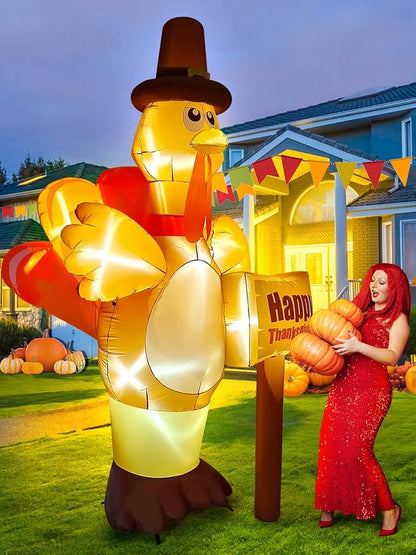 9FT Thanksgiving Turkey Inflatable with LED Light, Kalolary Fall Turkey Blow up Inflatable Happy Thanksgiving Day Outdoor Decoration Autumn Lawn Yard Inflatable for Harvest Day Home Thanksgiving Party