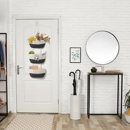 3 Tier Wall Mounted Woven Hanging Basket, Over the Door Hanging Basket with Hooks, Decorative Storage Hanging Closet Removable, Large Wall Basket for Bedroom, Kitchen, RV (White & Camel)