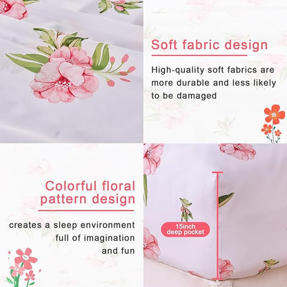 Twin Sheets Set White Pink Floral Bed Sheets Set Girls Cute Microfiber Cooling Sheets 3 Pieces Kids Twin Size Bed Set Wrinkle Free, 15 inch Deep Pocket Fitted Sheet, Flat Sheet, Pillowcase