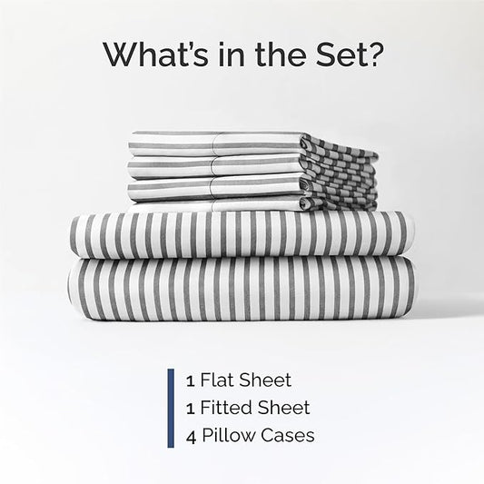 CGK Linens King 6 Piece Sheet Set - Cooling Sheets for Hot Sleepers - Hotel Luxury Bedding Set with 8-16 Inch Deep Pockets - 1 Flat & 1 Fitted & 4 Pillowcases - Soft and Wrinkle Free - Grey Stripes