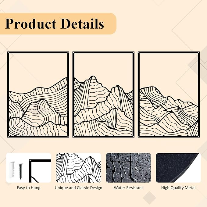 ruelen Wall Decor 3 Pcs Mountain Metal Wall Art, Mountain Line Abstract Minimalist Wall Art Rustic Nature Wall Decor Hanging Sculpture for Home Bedroom Bathroom Living Room (Black)