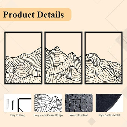 ruelen Wall Decor 3 Pcs Mountain Metal Wall Art, Mountain Line Abstract Minimalist Wall Art Rustic Nature Wall Decor Hanging Sculpture for Home Bedroom Bathroom Living Room (Black)