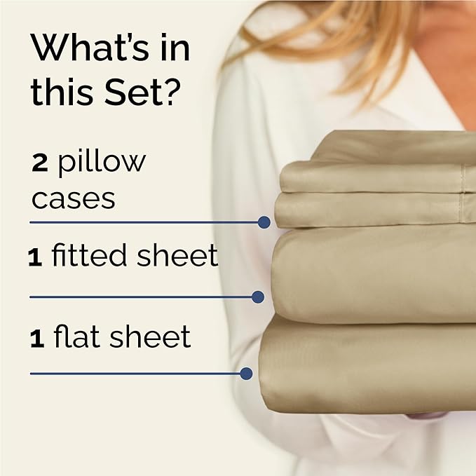 CGK Linens Twin XL 4 Piece Sheet Set - Cooling Sheets for Hot Sleepers - Hotel Luxury Bedding Set with 8-16 Inch Deep Pockets - 1 Flat & 1 Fitted & 2 Pillowcases - Soft, Comfy & Wrinkle Free - Beige