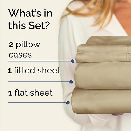 CGK Linens Twin XL 4 Piece Sheet Set - Cooling Sheets for Hot Sleepers - Hotel Luxury Bedding Set with 8-16 Inch Deep Pockets - 1 Flat & 1 Fitted & 2 Pillowcases - Soft, Comfy & Wrinkle Free - Beige