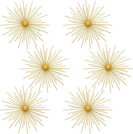 Barydat 6 Pcs Gold Sunburst Wall Decor Metal Bling Starbursts Wall Art for Living Room Mid Century Modern Decor Hanging Accents for Living Room Bedroom Entryway