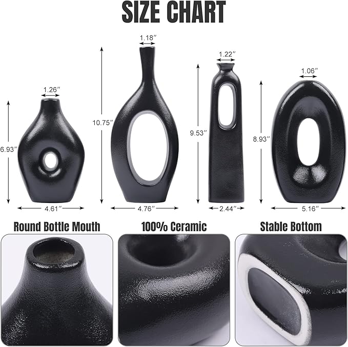 Black Ceramic Vase for Home Decor Set of 4 - Oval Hollow Vase Nordic Black Round Vase for Pampas Grass, Modern Decorative Flowers Vase for Living Room, Office, Mantel, Entryway, Table Centerpieces