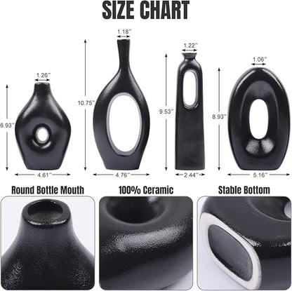 Black Ceramic Vase for Home Decor Set of 4 - Oval Hollow Vase Nordic Black Round Vase for Pampas Grass, Modern Decorative Flowers Vase for Living Room, Office, Mantel, Entryway, Table Centerpieces