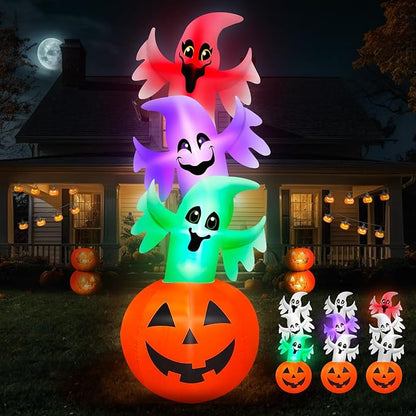 10.3FT Halloween Inflatable Overlap Ghost Decoration, Three Blow up Ghosts Jumped Out of Halloween Pumpkin Built-in Colorful LED for Halloween Inflatables Outdoor Decoration Party Yard Decor