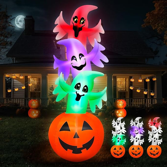 10.3FT Halloween Inflatable Overlap Ghost Decoration, Three Blow up Ghosts Jumped Out of Halloween Pumpkin Built-in Colorful LED for Halloween Inflatables Outdoor Decoration Party Yard Decor