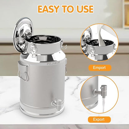Milk Can, 304 Stainless Steel Bucket with Sealed Lid, 5 Gallon Milk Pail, Tote Bucket Heavy Duty for Milk and Wine Liquid Storage with Stainless Steel Ladle