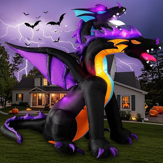 MICOCAH Halloween Inflatables 7 FT Tall Giant 2 Headed Dragon Outdoor Decorations, Built-in Flashing LEDs Scary Blow Up Yard Decoration Outside for Lawn Entrance Indoor Party Garden Inflated Décor