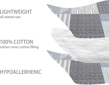 Homzard Quilt King Size - Grey Cotton Quilt Bedding Set,Gray White Plaid Comforter Set, Farmhouse Bedspread for King Size Bedding (106 * 98 Inches),3 Piece