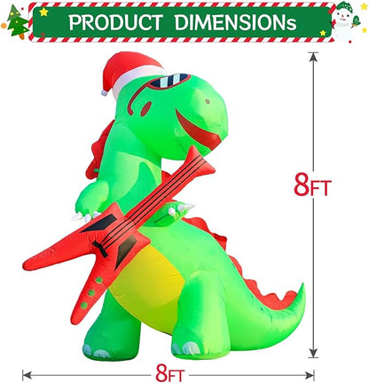 DomKom 8FT Christmas Inflatable Decorations Dinosaur with Guitar, Giant Outdoor LED Lights Holiday Blow up Rex Yard Decoration for Holiday Party Outdoor Garden Yard Lawn Winter Décor