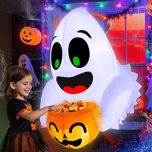 TURNMEON 3.5 Ft Halloween Inflatable Ghost Holding Candy Bucket Broke Out from Window Outdoor Halloween Decorations Blow Up with Build-in LED Lights for Party Indoor Outside Home Yard Garden Decor
