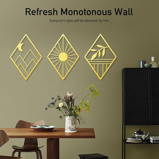 Sokurdeg Gold Metal Wall Art, Boho Minimalist Geometry, Bohemian Abstract Line Metal Art for Bedroom Bathroom Living Room (3 Pack, 12 x 17 in)