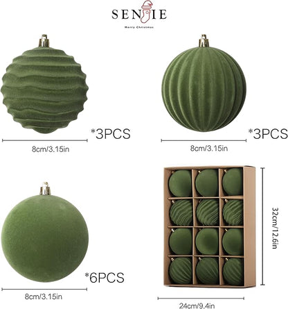 Senjie 3.15inch Christmas Tree Ornaments Velvet Balls,12PCS Flocked Decoration Balls Ornaments Sets for Christmas 2025 Green