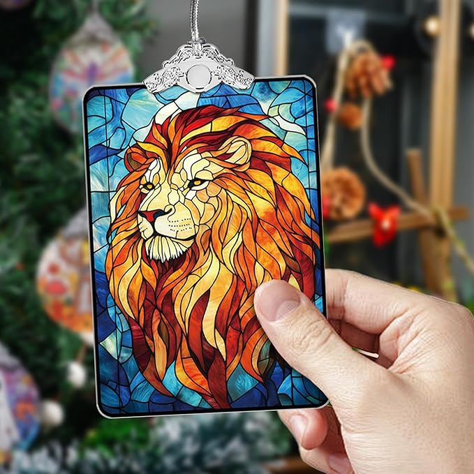 Lion Stained Glass Ornament, 2025 Christmas Tree Hanging Decoration for Gift Exchange or Stocking Stuffer, Holiday Safari Animal Decor, 3.8 x 2.4 Inch
