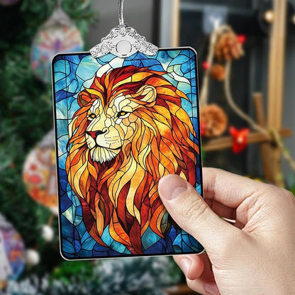 Lion Stained Glass Ornament, 2025 Christmas Tree Hanging Decoration for Gift Exchange or Stocking Stuffer, Holiday Safari Animal Decor, 3.8 x 2.4 Inch