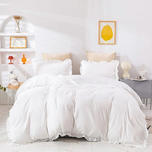 Wellboo White Comforters Full Size Solid White Shabby Chic Farmhouse Bedding Comforter Set Women Girls Ruffle Bed Quilt Boho White Lace Blankets Soft Vintage Rustic Floral Lace Comforter Set Durable