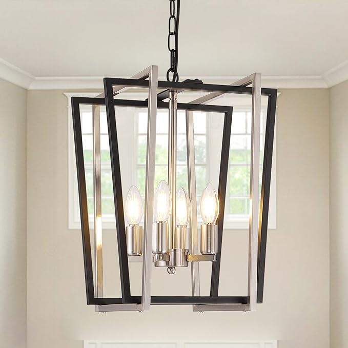 4-Light Silver Chandelier, Farmhouse Lantern Pendant Lighting Fixtures, Industrial Ceiling Light, Adjustable Height Rustic Geometric Hanging Chandelier for Kitchen Island,Entryway,Foyer,E12 Socket