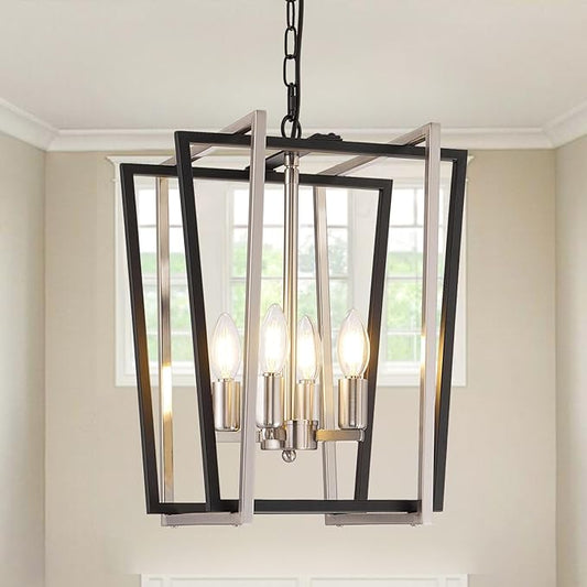 4-Light Silver Chandelier, Farmhouse Lantern Pendant Lighting Fixtures, Industrial Ceiling Light, Adjustable Height Rustic Geometric Hanging Chandelier for Kitchen Island,Entryway,Foyer,E12 Socket