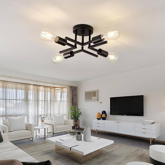 Industrial 4-Lights Semi Flush Mount Ceiling Light Fixture Modern Metal Black Sputnik Chandeliers with E26 Bulb Base Close to Ceiling Light for Kitchen Dining Room Living Room Hallway Bedroom Entryway