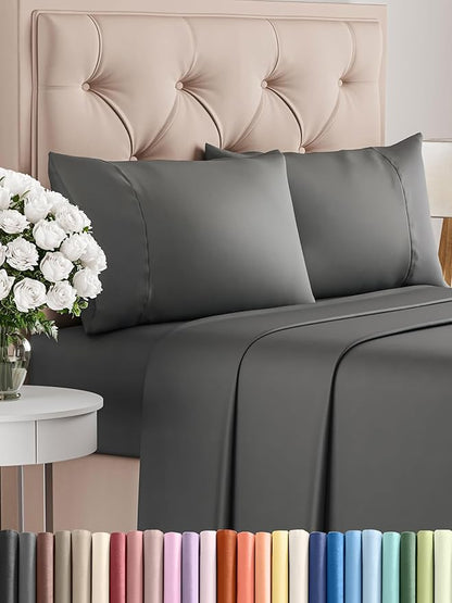 CGK Linens Twin 4 Piece Sheet Set - Cooling Sheets for Hot Sleepers - Hotel Luxury Bedding Set with 8-16 Inch Deep Pockets - 1 Flat & 1 Fitted & 2 Pillowcases - Soft, Comfy & Wrinkle Free - Charcoal