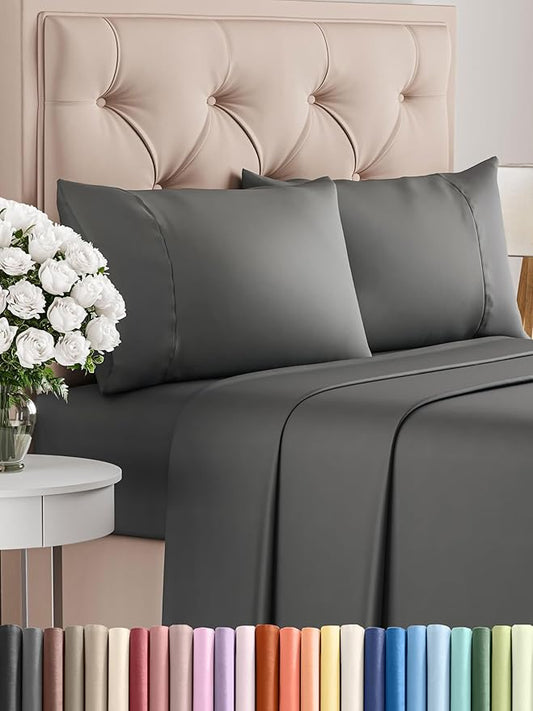 CGK Linens Twin 4 Piece Sheet Set - Cooling Sheets for Hot Sleepers - Hotel Luxury Bedding Set with 8-16 Inch Deep Pockets - 1 Flat & 1 Fitted & 2 Pillowcases - Soft, Comfy & Wrinkle Free - Charcoal