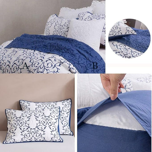 Mixinni Reversible Quilt 3-Piece Blue Embroidery Pattern Elegant Quilt Set with Embroidered Decorative Shams Soft Bedspreads & Coverlet Set - Full/Queen