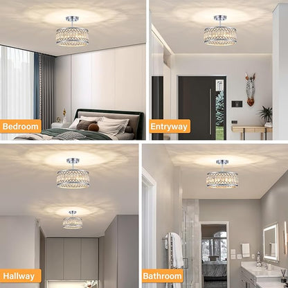Crystal Ceiling Light Fixture, Modern Semi Flush Mount Ceiling Light, Chrome Lighting Ceiling Chandelier for Kitchen, Bedroom, Dining Room, Hallway, 3-Light, 12.2 Inch
