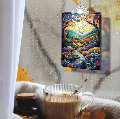 Colorful Mountain Path Landscape Stained Glass Ornament, 2025 Christmas Tree Hanging Decoration for Gift Exchange or Stocking Stuffer, Nature Holiday Decor, 3.8 x 2.4 Inch