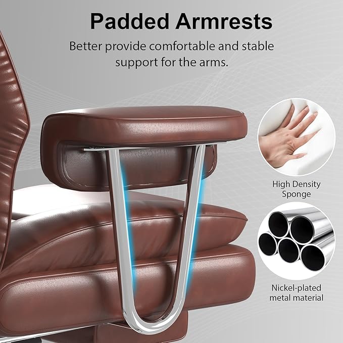 Big and Tall Office Chair, Ergonomic Leather High Back Executive Computer Desk Chair with Retractable Footrest and Padded Arms, 360°Swivel Free, 90-135°Reclining, 500lbs Wide Seat, Brown