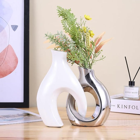 Ceramic Decorative Vases 2 Piece Set, Bohemian Style Openwork White and Silver Decorative Vases, Home Decor Aesthetics for Kitchen Cabinets, Office, Bedroom, Dresser, Entryway Table Decor.