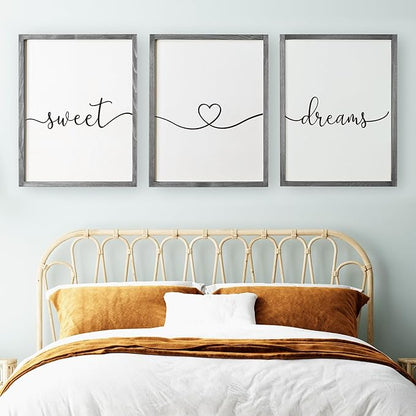 Set of 3 Framed Farmhouse Sweet Dreams Sign 11x14” Above Bed Wall Decor for Bedroom Decor Wall Art Wood Signs (11"x14", Gray)