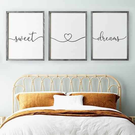 Set of 3 Framed Farmhouse Sweet Dreams Sign 11x14” Above Bed Wall Decor for Bedroom Decor Wall Art Wood Signs (11"x14", Gray)