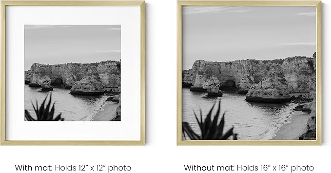 HAUS AND HUES 16x16 Gold Metal Picture Frames Matted to 12x12 - Features Premium Aluminum & Hanging Hardware, Shatterproof Plexiglass - Ideal for Home, Room, Office (16x16 in, Gold, Set of 3)