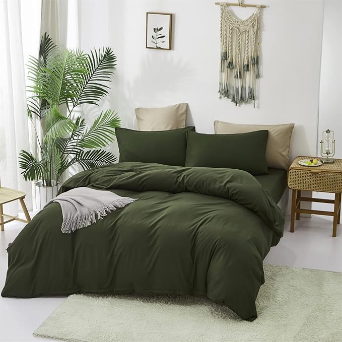 Cottonight Army Green 3 Pcs Comforter Set, Twin Bed Bedding Set with Microfiber Fill, Olive Green Quilt, Fashion Solid Color, Unisex, Minimalist, Summer Fall Winter All Seasons, Machine Wash