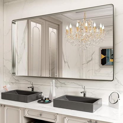 LOAAO 72X40 Inch Brushed Nickel Bathroom Mirror, Rounded Rectangle Silver Metal Frame Mirror, Brushed Nickel, Anti-Rust, Hangs Horizontally or Vertically