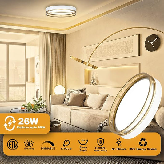 12.5 Inch LED Flush Mount Ceiling Light Fixture, 26W, Super Bright 1700 Lumens, 3 Color 3000K/4000K/5000K, Dimmable Ceiling Lamp for Bedroom Hallway Bathroom Kitchen Laundry (White Gold)