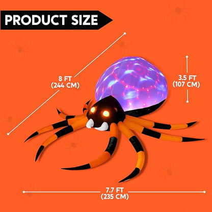 JOYIN 8 FT Halloween Inflatable Giant Spider Outdoor Decorations, Blow Up Spider Yard Decorations with Rotating Colorful Light and Glowing Eyes for Halloween Party Lawn Garden Outside Decor