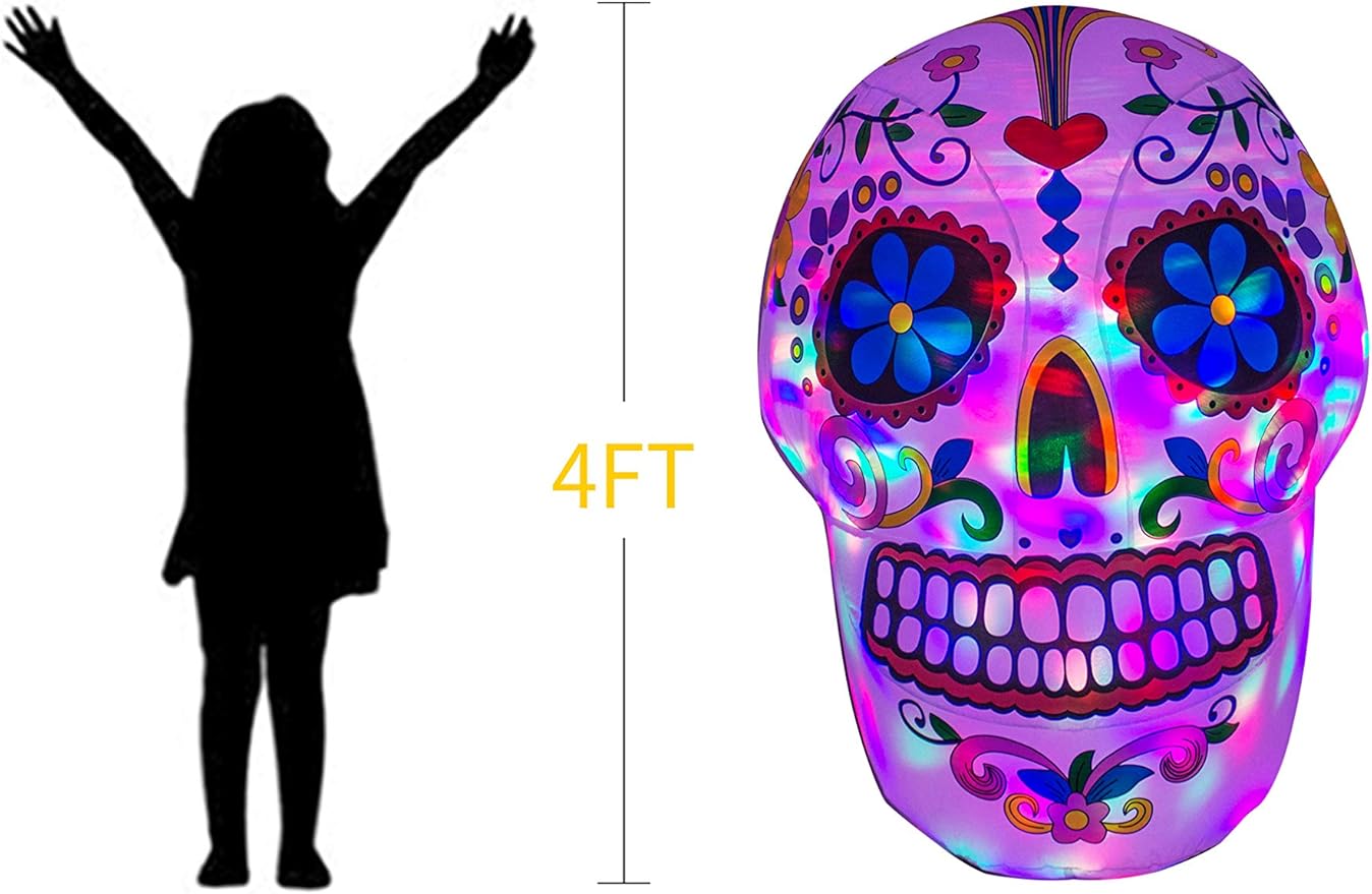AJY 4 Feet Colorful Skull Halloween Inflatable Skull LED Lights Decor Outdoor Indoor Holiday Decorations Blow up Lighted Yard Decor Lawn Inflatable Home Garden Party Favor Decoration